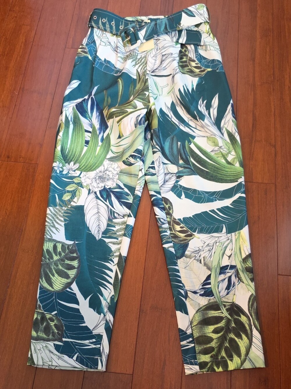 Tropical Leaf Print Wide-Leg Pants — Teal & Green Size M